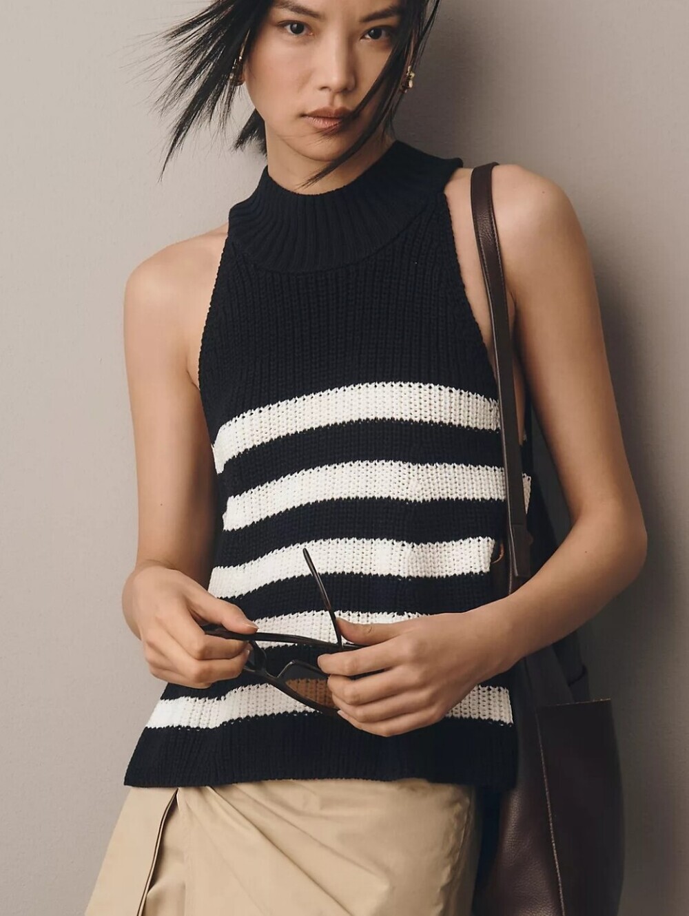 Anthropologie NEW Pilcro Mock Neck Swing Sweater Tank Navy Blue Stripe SZ Medium